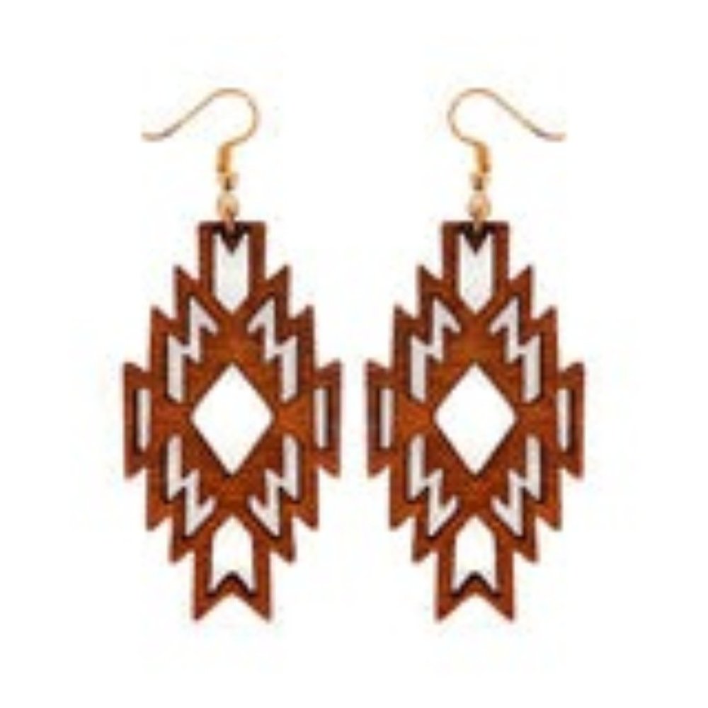 NWT Womans Brown Wood Aztec Diamond Earrings